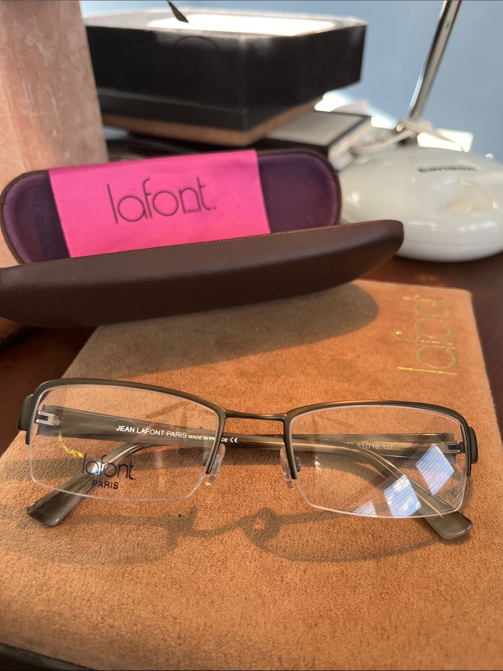 Lafont Margaux 288 53/19/137 khaki matt green front. Temples gray tort. “New”